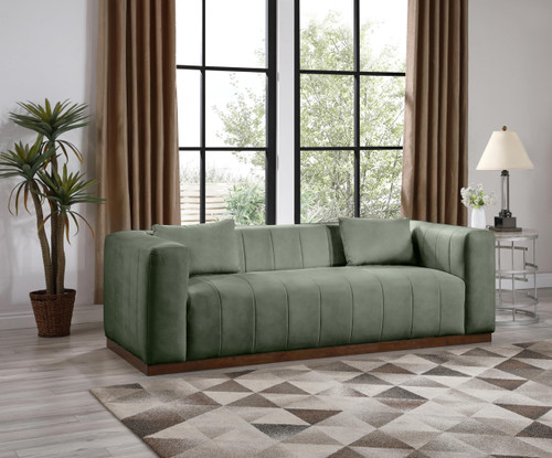 Sofa with Soft Green Vegan Leather, Walnut Finish Solid Wood Base, Deep Channel Tufting, 90.5" W x 36" D x 28.5" H, Green