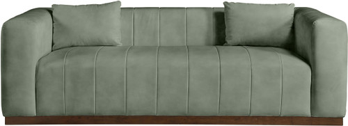 Sofa with Soft Green Vegan Leather, Walnut Finish Solid Wood Base, Deep Channel Tufting, 90.5" W x 36" D x 28.5" H, Green