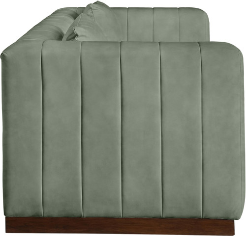 Sofa with Soft Green Vegan Leather, Walnut Finish Solid Wood Base, Deep Channel Tufting, 90.5" W x 36" D x 28.5" H, Green