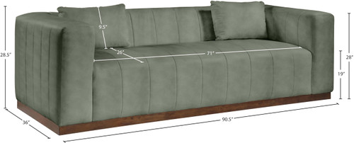 Sofa with Soft Green Vegan Leather, Walnut Finish Solid Wood Base, Deep Channel Tufting, 90.5" W x 36" D x 28.5" H, Green