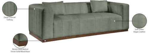Sofa with Soft Green Vegan Leather, Walnut Finish Solid Wood Base, Deep Channel Tufting, 90.5" W x 36" D x 28.5" H, Green