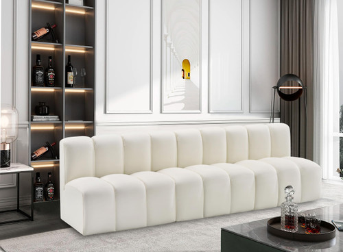 Modular Sofa with Soft Cream Vegan Leather, Deep Channel Tufting, Modular Design, 89.5" W x 31" D x 30" H, Cream