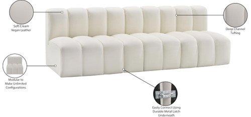 Modular Sofa with Soft Cream Vegan Leather, Deep Channel Tufting, Modular Design, 89.5" W x 31" D x 30" H, Cream