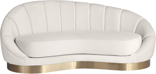 Velvet Upholstered Shell Shaped Chaise with Stainless Steel Base in a Brushed Gold Finish, 79" W x 40" D x 33" H, Cream