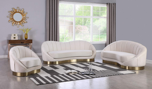 Velvet Upholstered Shell Shaped Chaise with Stainless Steel Base in a Brushed Gold Finish, 79" W x 40" D x 33" H, Cream