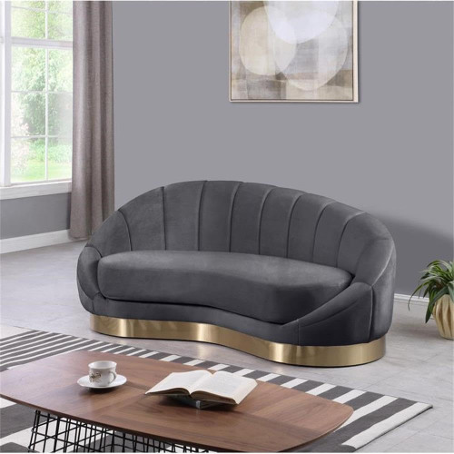 Velvet Upholstered Chaise, Soft Grey Velvet, Gold Stainless Steel Base, Unique Shell Shape, 78.5" W x 40" D x 33" H, Grey