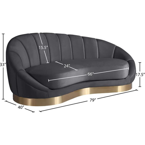 Velvet Upholstered Chaise, Soft Grey Velvet, Gold Stainless Steel Base, Unique Shell Shape, 78.5" W x 40" D x 33" H, Grey