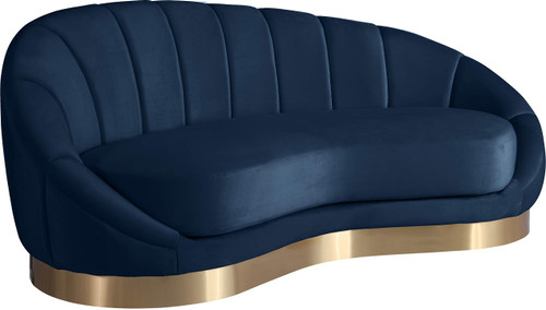 Velvet Upholstered Chaise, Soft Navy Velvet, Gold Stainless Steel Base, Unique Shell Shape, 78.5" W x 40" D x 33" H, Navy