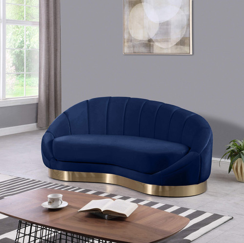 Velvet Upholstered Chaise, Soft Navy Velvet, Gold Stainless Steel Base, Unique Shell Shape, 78.5" W x 40" D x 33" H, Navy