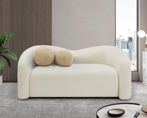 Loveseat with Soft Cream Faux Shearling Teddy Fabric, Curved Back, 62" W x 33" D x 27" H, Cream