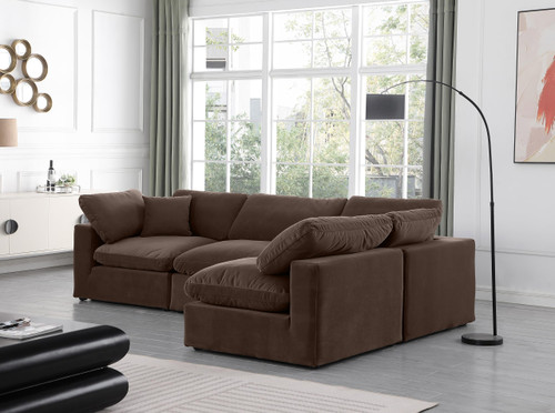 Upholstered Modular Sectional, Soft Brown Velvet, Down Feather Cushions, 119" W x 79" D x 34.5" H, Brown