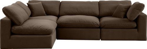 Upholstered Modular Sectional, Soft Brown Velvet, Down Feather Cushions, 119" W x 79" D x 34.5" H, Brown