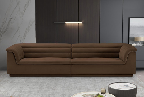 Modular Sofa with Soft Brown Velvet Fabric, Deep Channel Tufting, Curved Arms, 118" W x 35" D x 28" H, Brown
