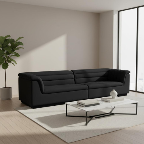 Modular Sofa with Soft Black Velvet Fabric, Deep Channel Tufting, Curved Arms, 118" W x 35" D x 28" H, Black