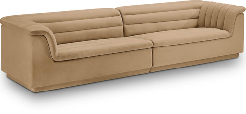 Modular Sofa with Soft Camel Velvet Fabric, Deep Channel Tufting, Curved Arms, 118" W x 35" D x 28" H, Camel