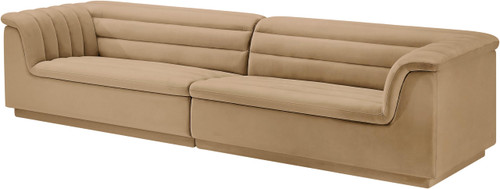 Modular Sofa with Soft Camel Velvet Fabric, Deep Channel Tufting, Curved Arms, 118" W x 35" D x 28" H, Camel