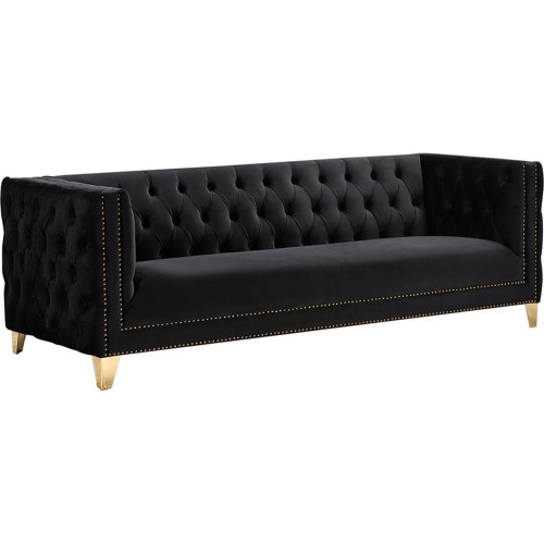 Sofa with Deep Button Tufting, Gold Nailhead Trim and Sturdy Gold Iron Legs, Black Velvet, 90" W x 34" D x 30" H
