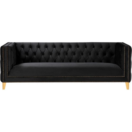 Sofa with Deep Button Tufting, Gold Nailhead Trim and Sturdy Gold Iron Legs, Black Velvet, 90" W x 34" D x 30" H