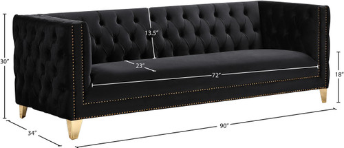 Sofa with Deep Button Tufting, Gold Nailhead Trim and Sturdy Gold Iron Legs, Black Velvet, 90" W x 34" D x 30" H