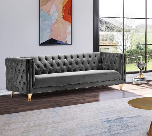 Sofa with Deep Button Tufting, Gold Nailhead Trim and Sturdy Gold Iron Legs, Grey Velvet, 90" W x 34" D x 30" H