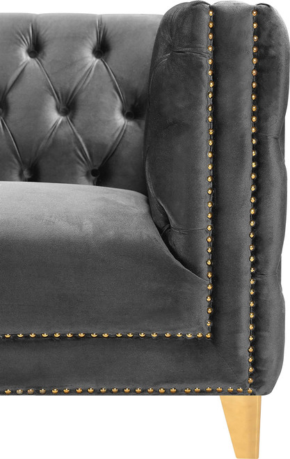 Sofa with Deep Button Tufting, Gold Nailhead Trim and Sturdy Gold Iron Legs, Grey Velvet, 90" W x 34" D x 30" H
