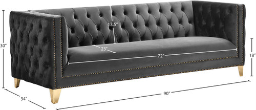 Sofa with Deep Button Tufting, Gold Nailhead Trim and Sturdy Gold Iron Legs, Grey Velvet, 90" W x 34" D x 30" H
