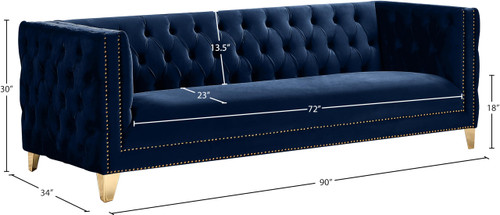 Sofa with Deep Button Tufting, Gold Nailhead Trim and Sturdy Gold Iron Legs, Navy Velvet, 90" W x 34" D x 30" H