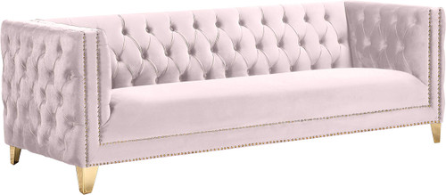 Sofa with Deep Button Tufting, Gold Nailhead Trim and Sturdy Gold Iron Legs, Pink Velvet, 90" W x 34" D x 30" H