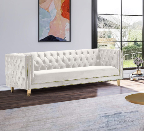 Sofa with Deep Button Tufting, Gold Nailhead Trim and Sturdy Gold Iron Legs, Cream Velvet, 90" W x 34" D x 30" H