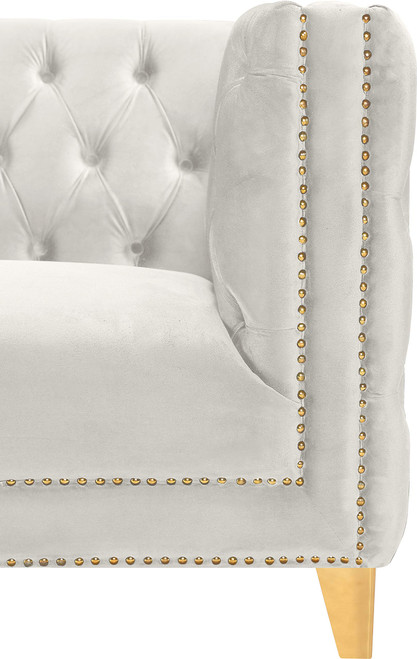 Sofa with Deep Button Tufting, Gold Nailhead Trim and Sturdy Gold Iron Legs, Cream Velvet, 90" W x 34" D x 30" H