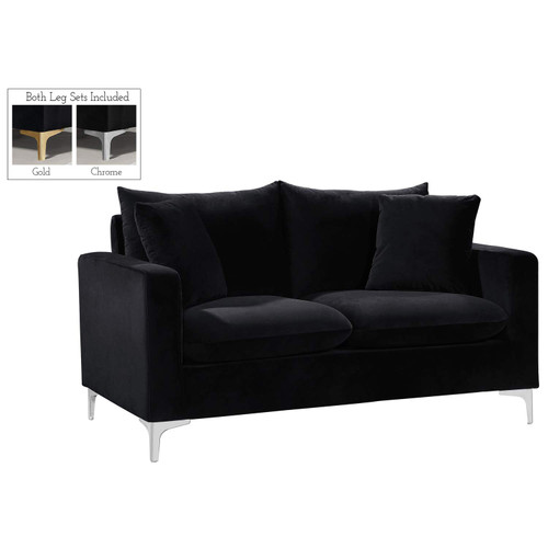 Black Velvet Upholstered Loveseat with Stainless Steel Base in a Rich Gold Or Chrome Finish