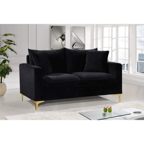 Black Velvet Upholstered Loveseat with Stainless Steel Base in a Rich Gold Or Chrome Finish