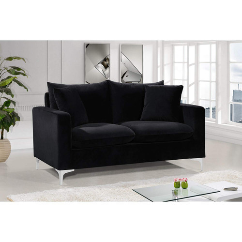 Black Velvet Upholstered Loveseat with Stainless Steel Base in a Rich Gold Or Chrome Finish