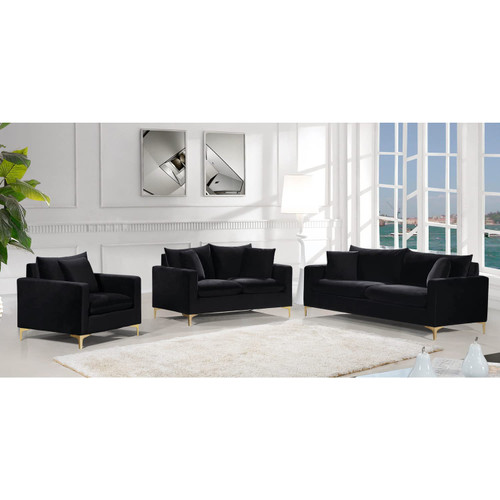 Black Velvet Upholstered Loveseat with Stainless Steel Base in a Rich Gold Or Chrome Finish