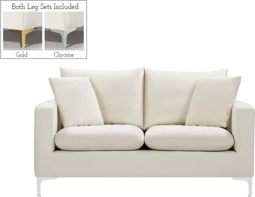 Velvet Upholstered Loveseat with Stainless Steel Legs in Rich Gold or Chrome Finish, Cream, 58" W x 33.5" D x 30" H