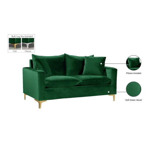 Green Velvet Upholstered Loveseat with Stainless Steel Base in a Rich Gold or Chrome Finish, 58" W x 33.5" D x 30" H