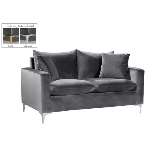 Grey Velvet Upholstered Loveseat with Stainless Steel Base in a Rich Gold or Chrome Finish, 633Grey-L