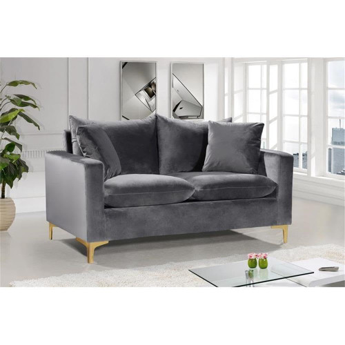 Grey Velvet Upholstered Loveseat with Stainless Steel Base in a Rich Gold or Chrome Finish, 633Grey-L