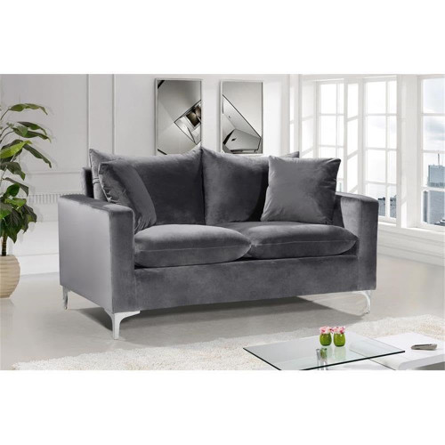 Grey Velvet Upholstered Loveseat with Stainless Steel Base in a Rich Gold or Chrome Finish, 633Grey-L