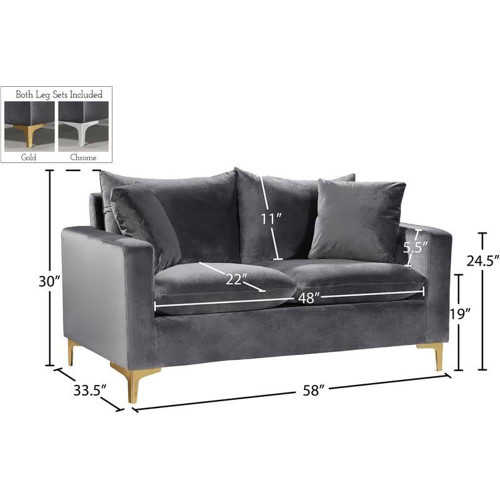 Grey Velvet Upholstered Loveseat with Stainless Steel Base in a Rich Gold or Chrome Finish, 633Grey-L