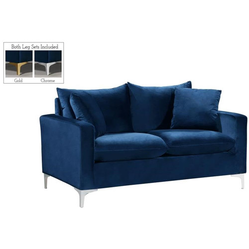 Navy Velvet Upholstered Loveseat with Stainless Steel Base in a Rich Gold or Chrome Finish,