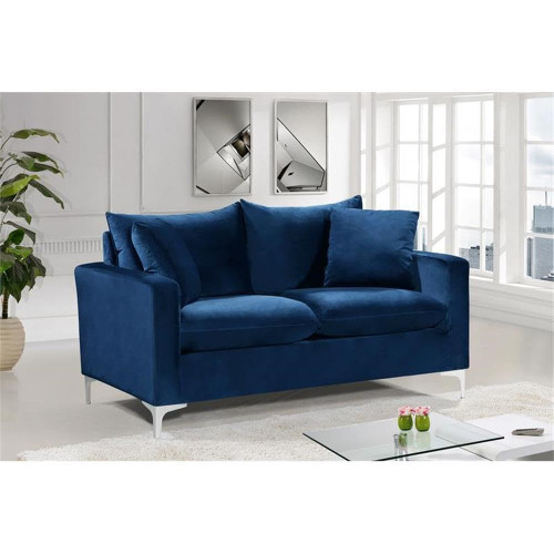Navy Velvet Upholstered Loveseat with Stainless Steel Base in a Rich Gold or Chrome Finish,
