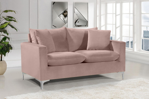 Pink Velvet Upholstered Loveseat with Stainless Steel Base in a Rich Gold or Chrome Finish,