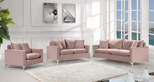 Pink Velvet Upholstered Loveseat with Stainless Steel Base in a Rich Gold or Chrome Finish,