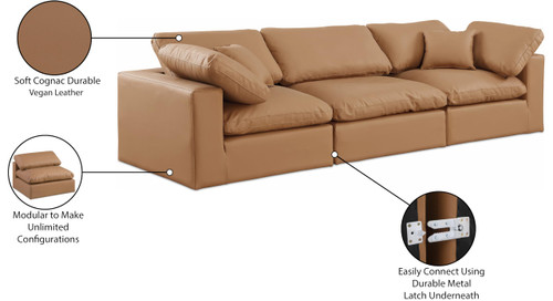 Upholstered Modular Sofa with Soft Cognac Vegan Leather, Fiber-Filled, 119" W x 40" D x 34.5" H, Cognac