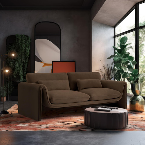 Velvet Upholstered Sofa with Soft Brown Velvet Fabric, Curved Arms, 86" W x 38" D x 31" H, Brown