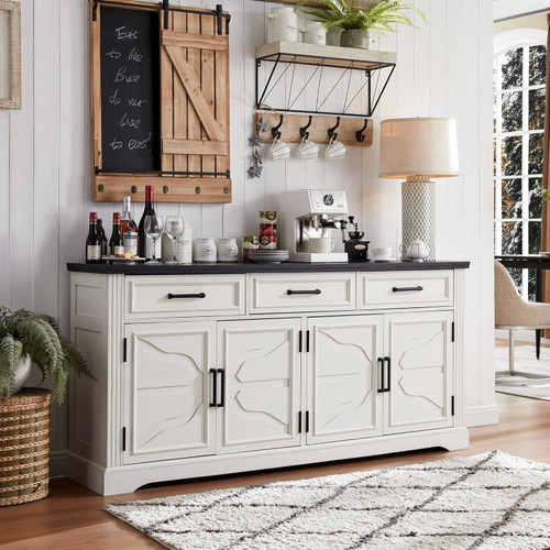 66" Farmhouse Buffet Cabinet with Storage, Sideboard Credenza, Carved Cloud-Inspired Doors, 3 Drawers & Adjustable Shelves, Coffee Bar Cabinet, Off White