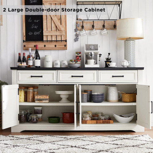 66" Farmhouse Buffet Cabinet with Storage, Sideboard Credenza, Carved Cloud-Inspired Doors, 3 Drawers & Adjustable Shelves, Coffee Bar Cabinet, Off White