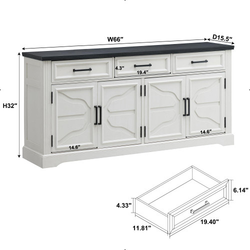 66" Farmhouse Buffet Cabinet with Storage, Sideboard Credenza, Carved Cloud-Inspired Doors, 3 Drawers & Adjustable Shelves, Coffee Bar Cabinet, Off White