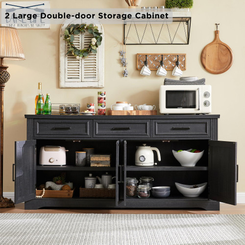 66" Farmhouse Buffet Cabinet with Storage, Sideboard Credenza, Carved Cloud-Inspired Doors, 3 Drawers & Adjustable Shelves, Coffee Bar Cabinet, Black